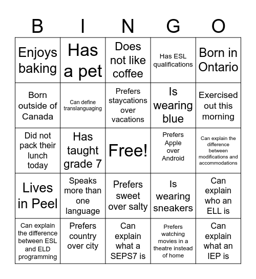 BICS & CALP BINGO Card