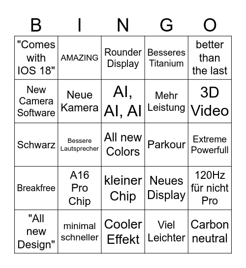 iPhone 16 Bingo Card