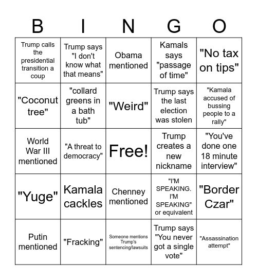 Trump & Kamala Debate Dumpster Fire Bingo Card