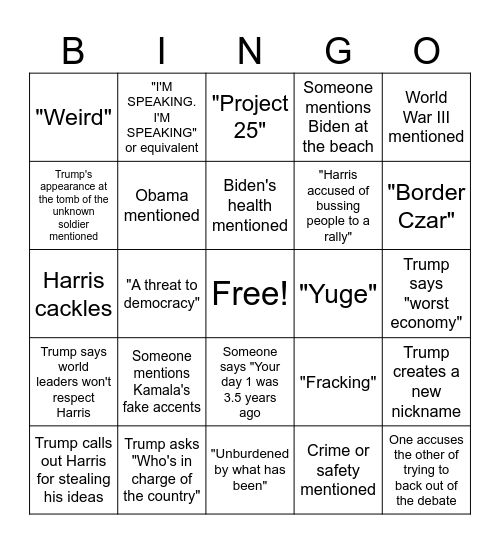 Trump & Kamala Dumpster Fire Debate Bingo Card