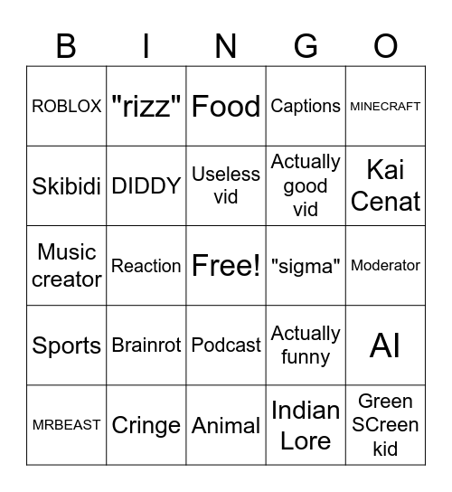 YouTube shorts Bingo Card