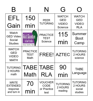 GED STUDY BINGO Card