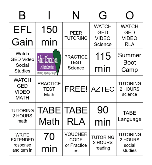 GED STUDY BINGO Card