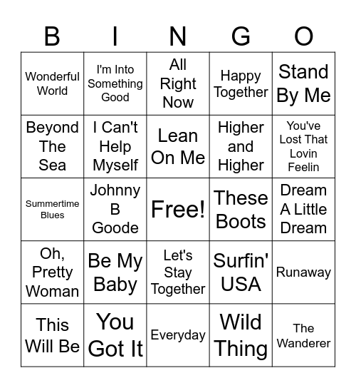 Oldies Music Bingo Card