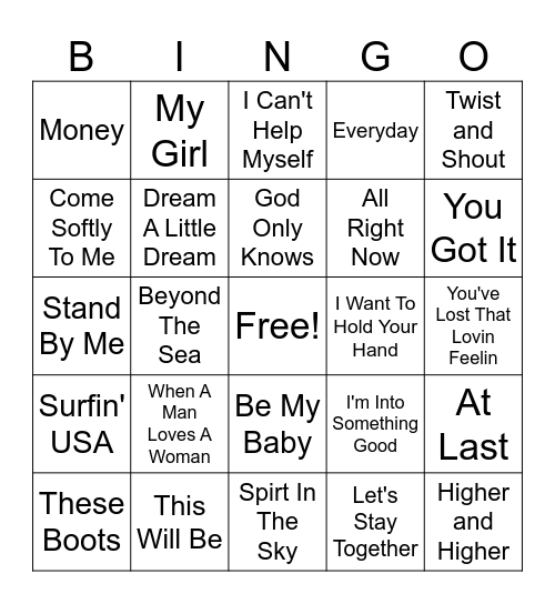 Oldies Music Bingo Card