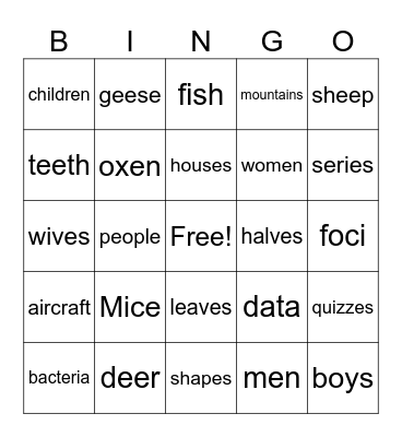 Plural Nouns Bingo Card