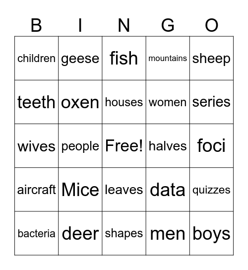 Plural Nouns Bingo Card