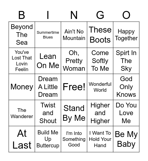 Oldies Music Bingo Card