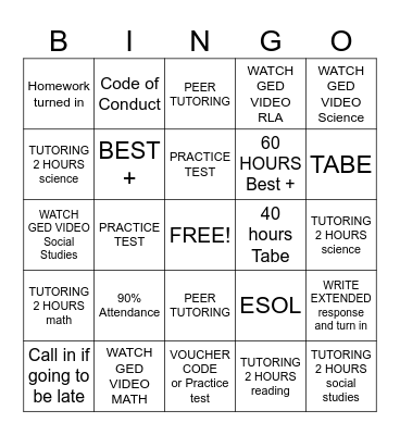 GED STUDY BINGO Card