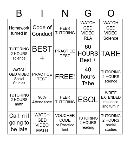 GED STUDY BINGO Card