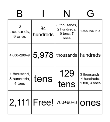 Place Value Bingo Card