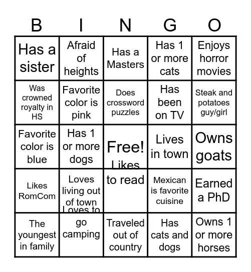 Get to know you Bingo Card