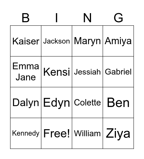 Name Bingo Card