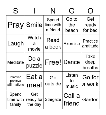 SINGO! Self-Care Edition Bingo Card
