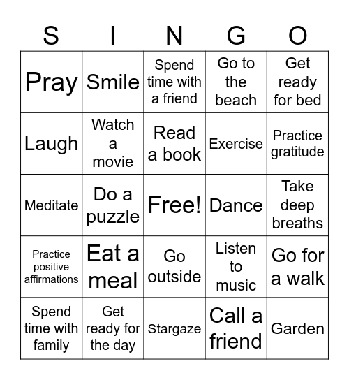 SINGO! Self-Care Edition Bingo Card