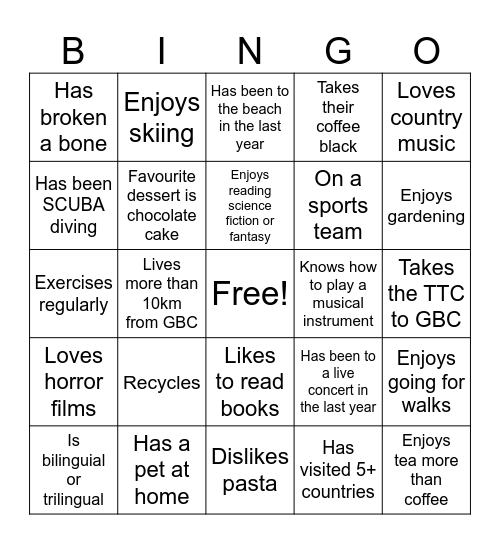 Getting to Know You Bingo Card