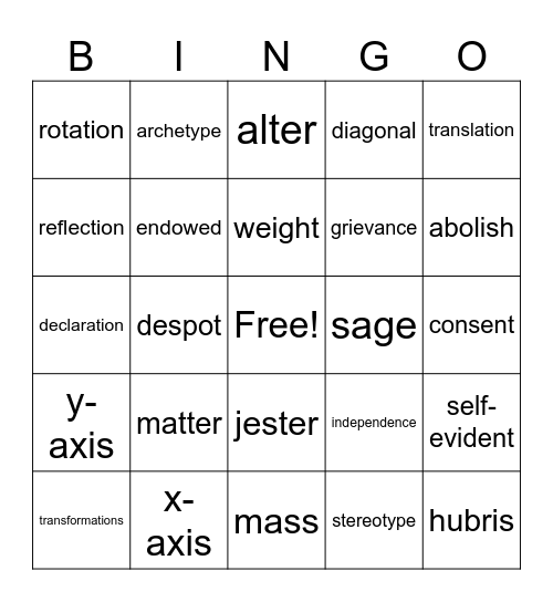 8th Grade Terms Bingo Card