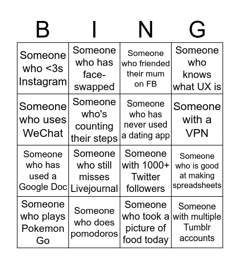 Digital Technologies and the Self Bingo Card