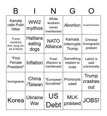 Trump / Kamala Debate 2024 Bingo Card