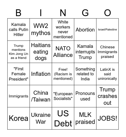 Trump / Kamala Debate 2024 Bingo Card