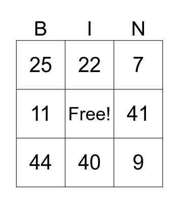 Addition 1-45 Bingo Card