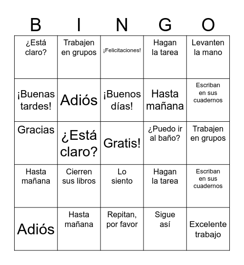 high-frequency expressions used in Spanish classroom Bingo Card