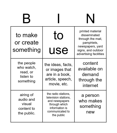 U9T1 Content Vocabulary Bingo Card