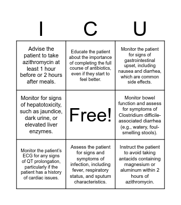 Azithromycin Bingo Card