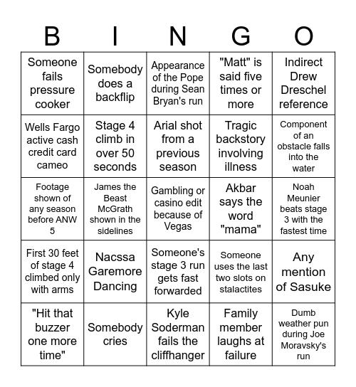 ANW 16 Finale Bingo Card
