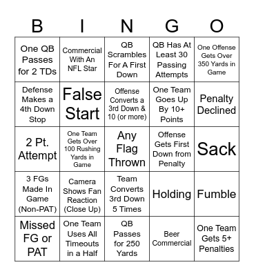 Monday Night Football Bingo Card