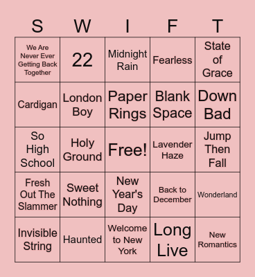 Taylor Swift BINGO! Bingo Card
