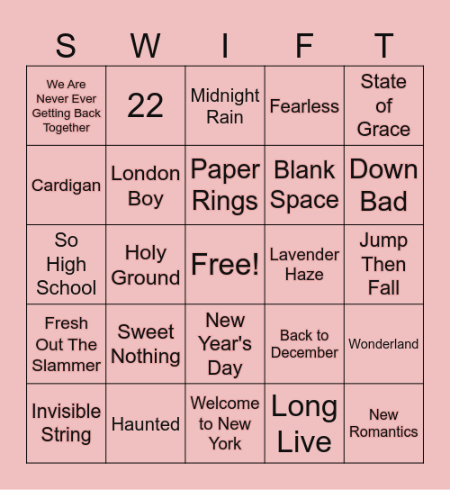 Taylor Swift BINGO! Bingo Card