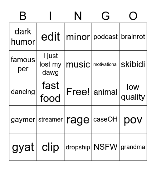 Cringe Bingo Card