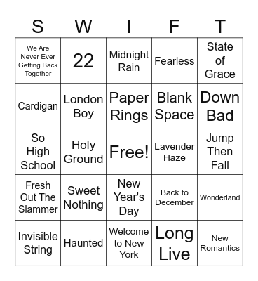Taylor Swift BINGO! Bingo Card