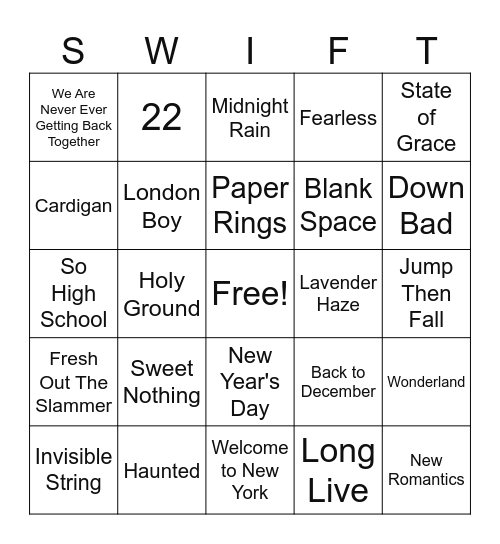 Taylor Swift BINGO! Bingo Card