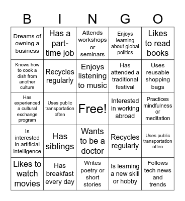 Get to know each other Bingo Card