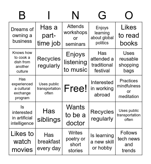 Get to know each other Bingo Card