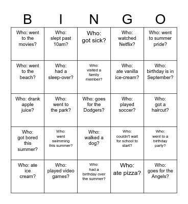 Back-to-School Bingo - What did you do over the holiday? Bingo Card