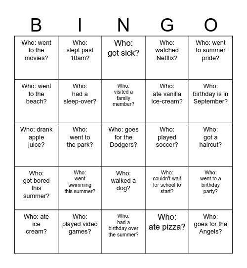 Back-to-School Bingo - What did you do over the holiday? Bingo Card