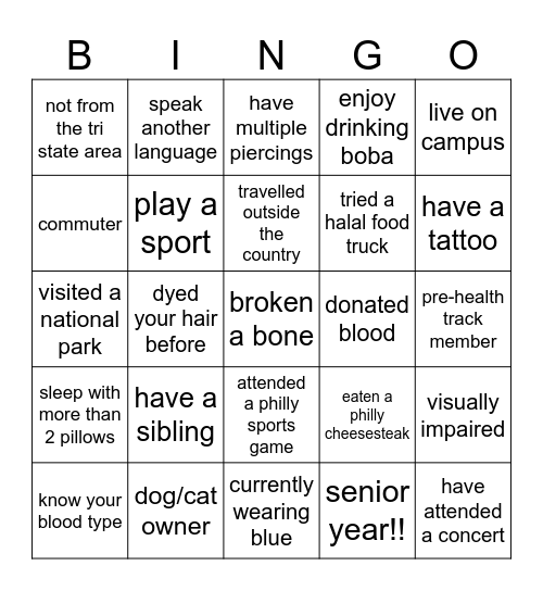 Get to Know Eachother Bingo Card