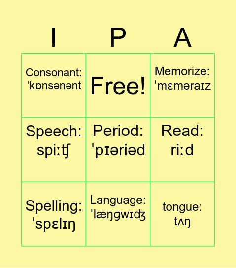 Language Bingo. Bingo Card
