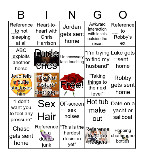 Bachelorette Fantasy Suite Bingo Card