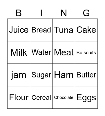 Food Bingo Card