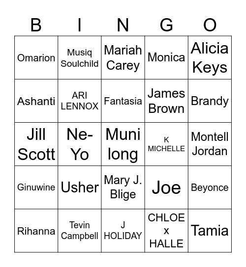 Sing Along RnB Bingo Card