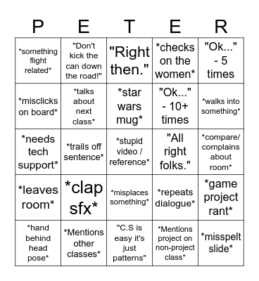 Peter Hayward Bingo Card