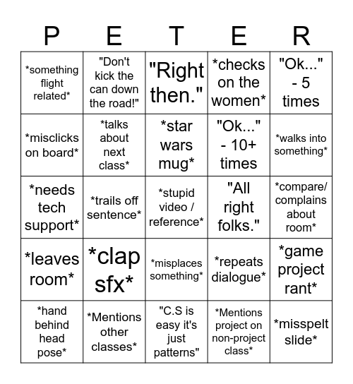 Peter Hayward Bingo Card