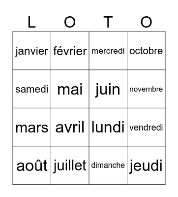 Les jours de la semaine & Les mois Bingo Card