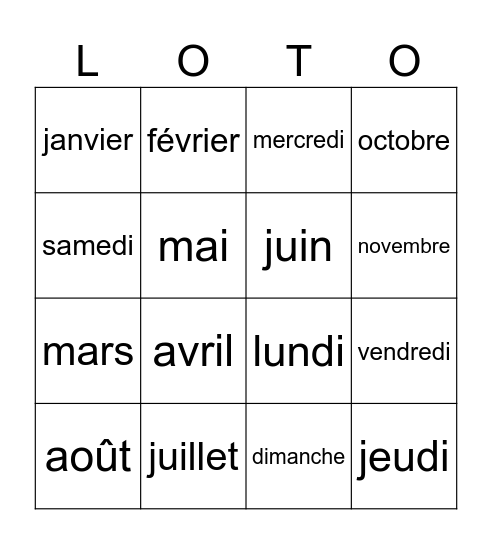 Les jours de la semaine & Les mois Bingo Card