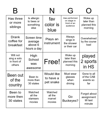 Section 13 Bingo Card