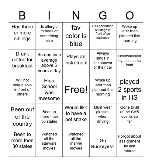 Section 13 Bingo Card